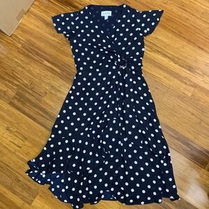 Joseph Ribkoff Navy Blue‎ White Polka Dot Wrap Midi Dress Size 4 Ruffle Tiered
